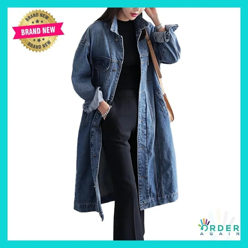 Classic Denim Trench Coat Oversized Loose Fit Long Sleeve Button Down Y2K